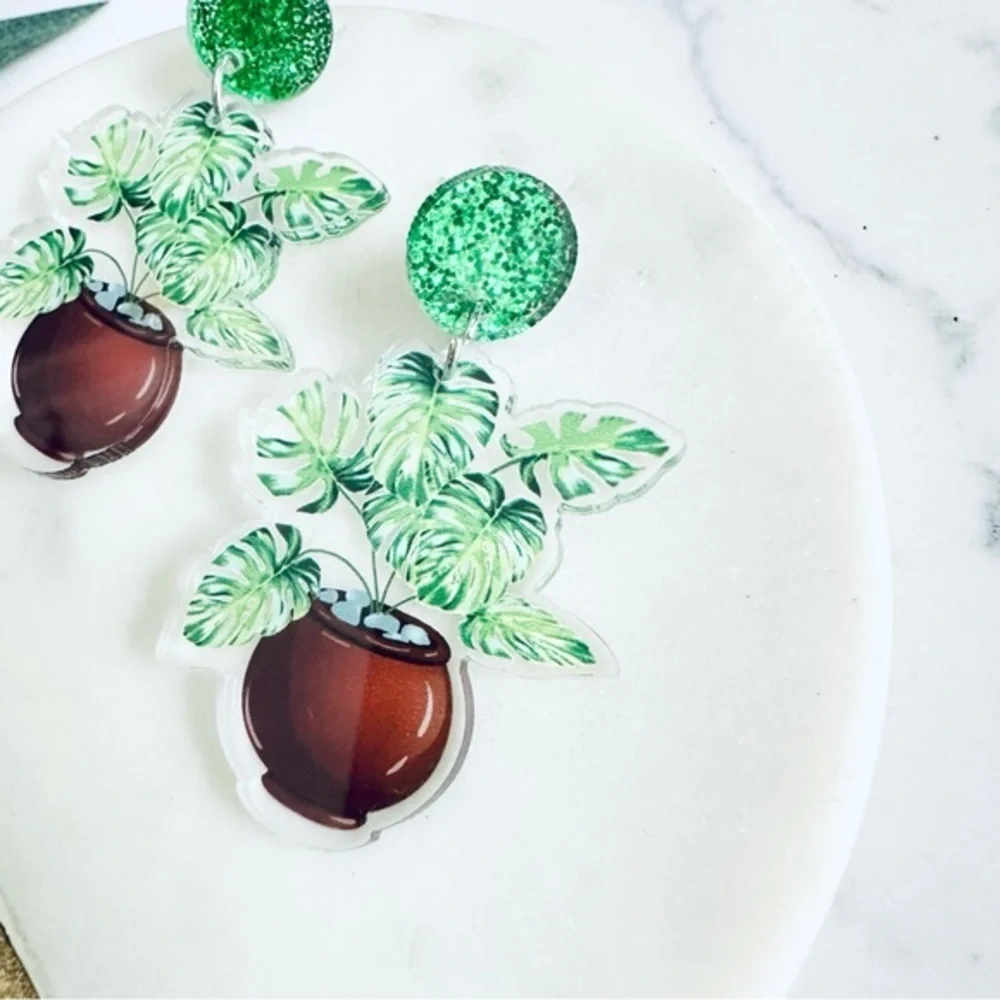 2/$30🌵 Monstera Leaf Potted Plant Earrings Acrylic Jewelry Plant Lady NEW